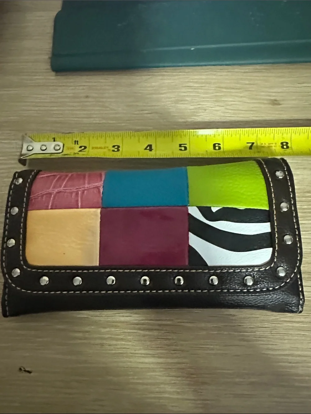 NIB Boho Multicolor Patchwork Leather Studded Flap Wallet Clutch Wristlet Brown